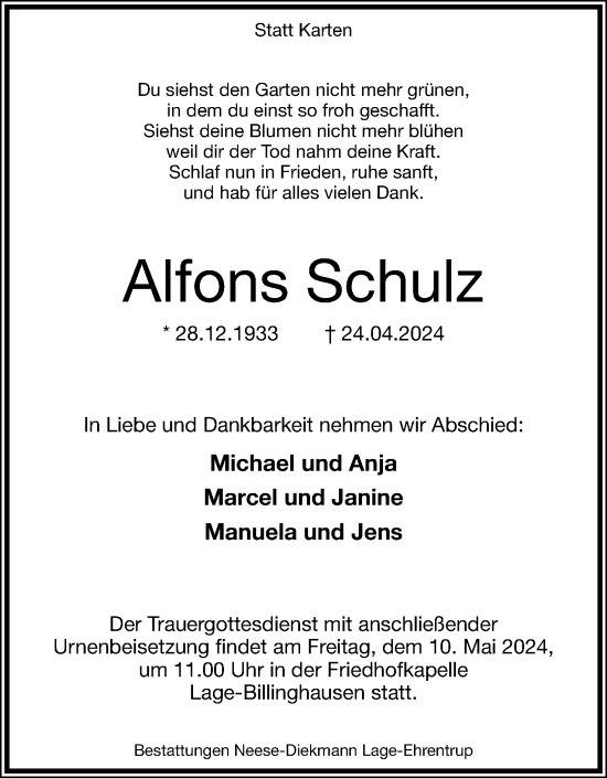Anzeige  Alfons Schulz  Lippische Landes-Zeitung