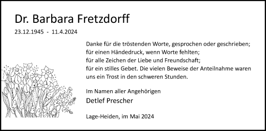 Anzeige  Barbara Fretzdorff  Lippische Landes-Zeitung
