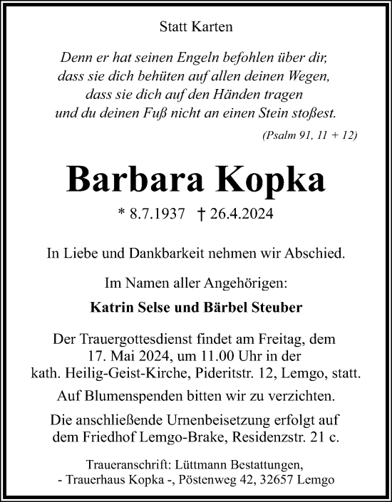 Anzeige  Barbara Kopka  Lippische Landes-Zeitung