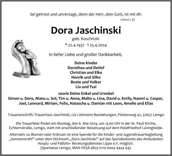 Anzeige  Dora Jaschinski  Lippische Landes-Zeitung