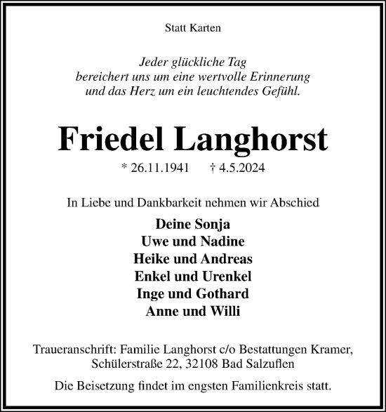 Anzeige  Friedel Langhorst  Lippische Landes-Zeitung