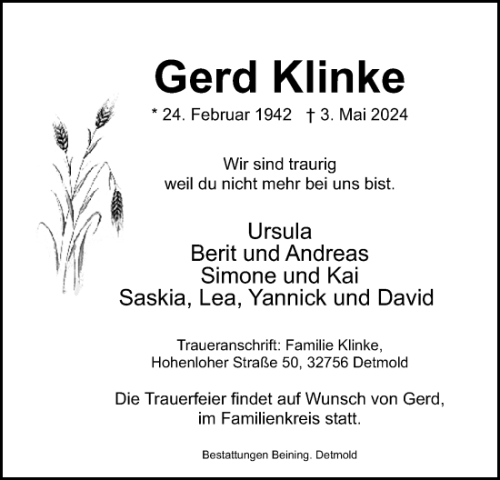 Anzeige  Gerd Klinke  Lippische Landes-Zeitung
