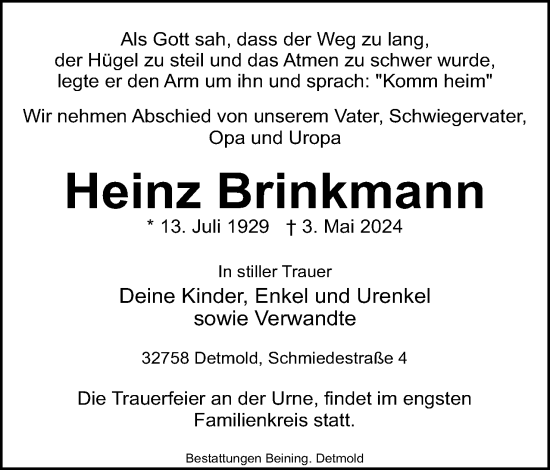 Anzeige  Heinz Brinkmann  Lippische Landes-Zeitung