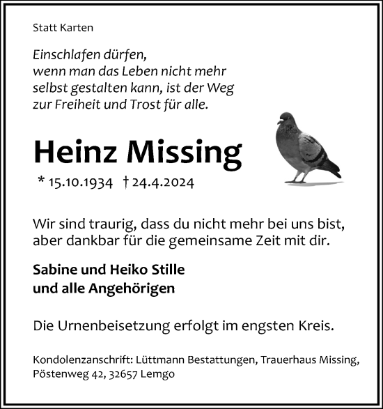 Anzeige  Heinz Missing  Lippische Landes-Zeitung