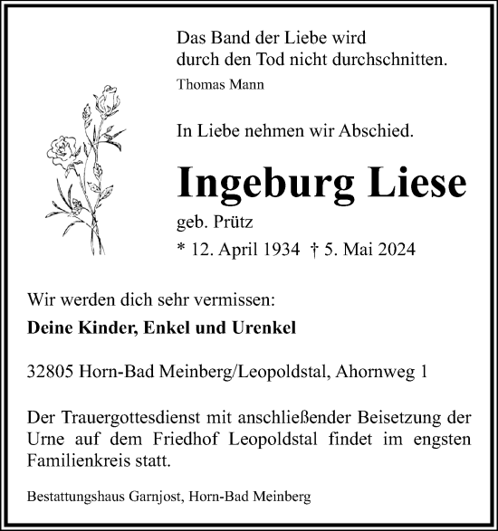 Anzeige  Ingeburg Liese  Lippische Landes-Zeitung