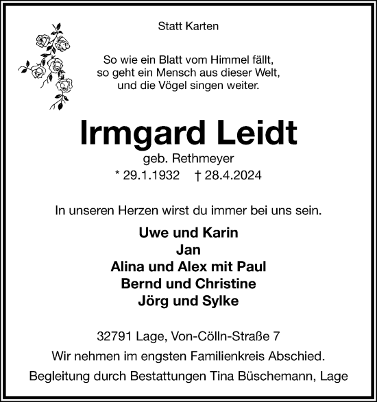 Anzeige  Irmgard Leidt  Lippische Landes-Zeitung