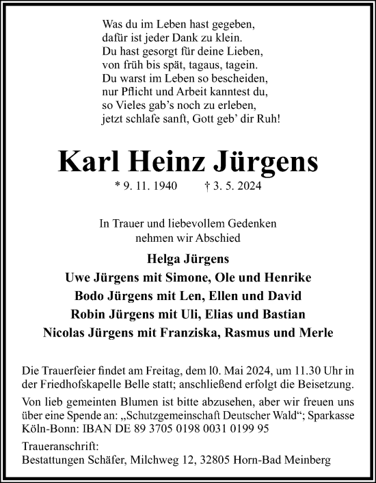Anzeige  Karl Heinz Jürgens  Lippische Landes-Zeitung