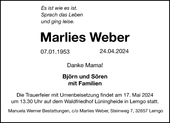 Anzeige  Marlies Weber  Lippische Landes-Zeitung