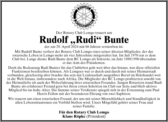 Anzeige  Rudolf Bunte  Lippische Landes-Zeitung