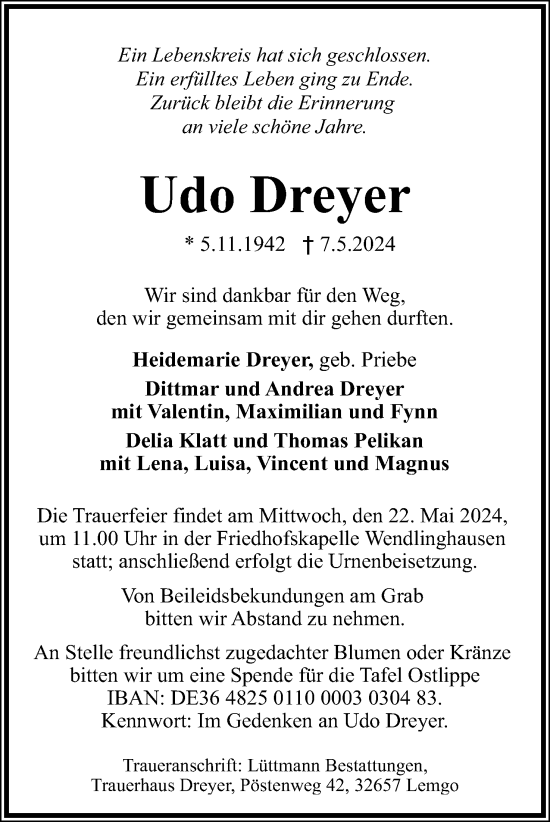 Anzeige  Udo Dreyer  Lippische Landes-Zeitung