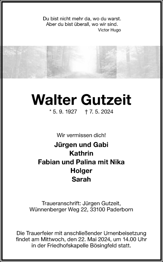 Anzeige  Walter Gutzeit  Lippische Landes-Zeitung
