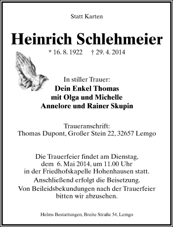 Anzeige  Heinrich Schlehmeier  Lippische Landes-Zeitung