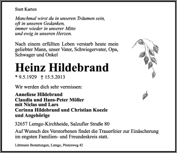 Anzeige  Heinz Hildebrand  Lippische Landes-Zeitung