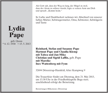 Anzeige  Lydia Pape  Lippische Landes-Zeitung