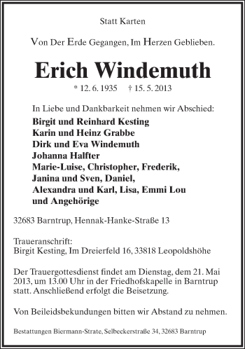 Anzeige  Erich Windemuth  Lippische Landes-Zeitung