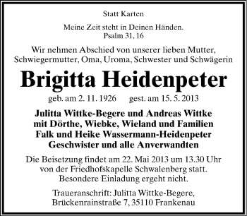 Anzeige  Brigitta Heidenpeter  Lippische Landes-Zeitung