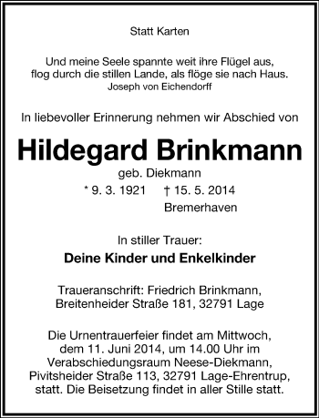 Anzeige  Hildegard Brinkmann  Lippische Landes-Zeitung