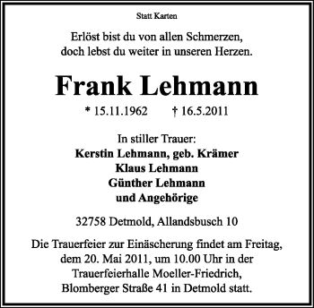 Anzeige  Frank Lehmann  Lippische Landes-Zeitung