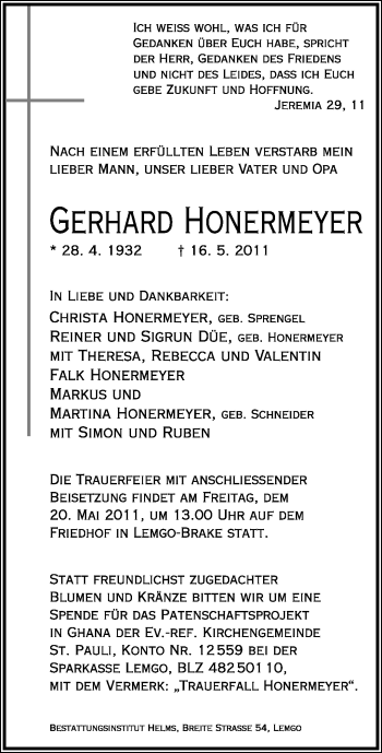 Anzeige  Gerhard Honermeyer  Lippische Landes-Zeitung