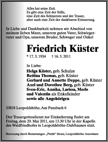 Anzeige  Friedrich Küster  Lippische Landes-Zeitung
