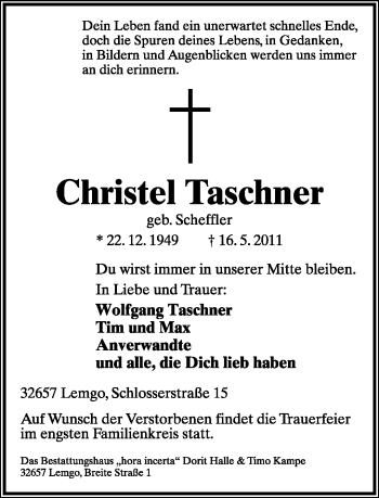 Anzeige  Christel Taschner  Lippische Landes-Zeitung