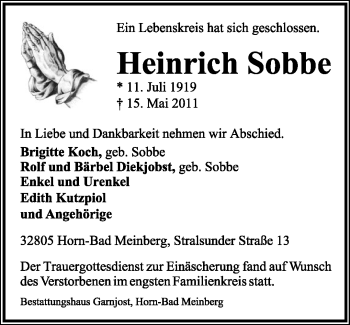 Anzeige  Heinrich Sobbe  Lippische Landes-Zeitung
