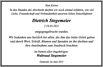 Anzeige  Dietrich Stegemeier  Lippische Landes-Zeitung