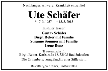Anzeige  Ute Schäfer  Lippische Landes-Zeitung