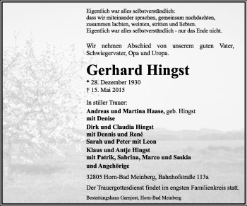 Anzeige  Gerhard Hingst  Lippische Landes-Zeitung