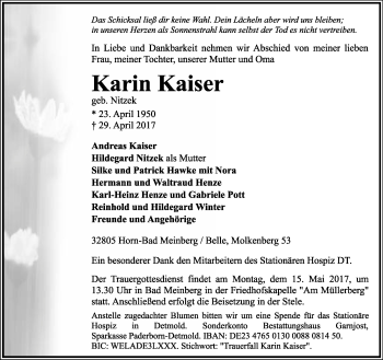 Anzeige  Karin Kaiser  Lippische Landes-Zeitung