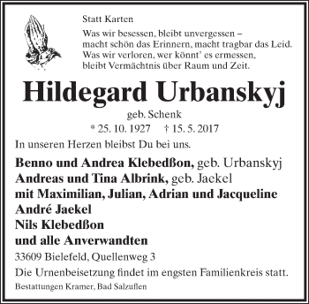 Anzeige  Hildegard Urbanskyj  Lippische Landes-Zeitung