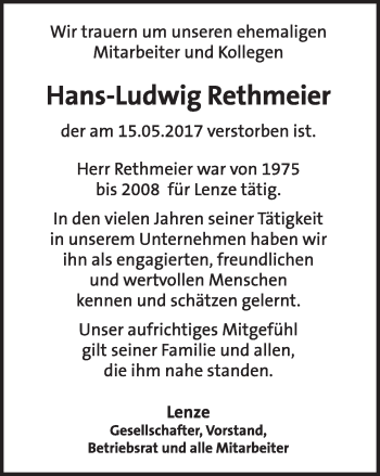 Anzeige  Hans-Ludwig Rethmeier  Lippische Landes-Zeitung
