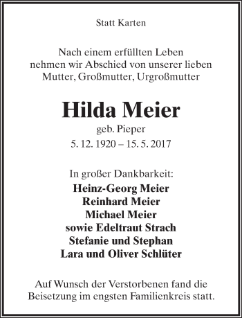 Anzeige  Hilda Meier  Lippische Landes-Zeitung
