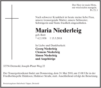 Anzeige  Maria Niederleig  Lippische Landes-Zeitung