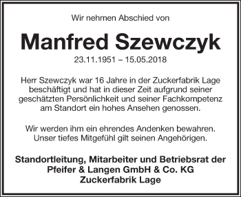 Anzeige  Manfred Szewczyk  Lippische Landes-Zeitung