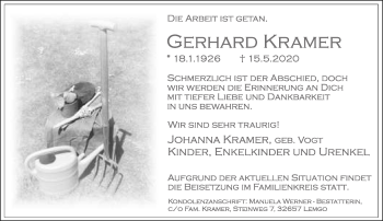 Anzeige  Gerhard Kramer  Lippische Landes-Zeitung
