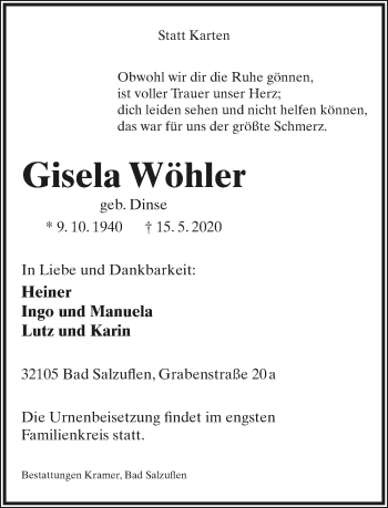 Anzeige  Gisela Wöhler  Lippische Landes-Zeitung