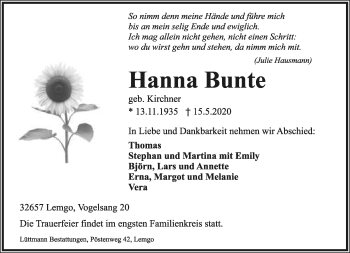 Anzeige  Hanna Bunte  Lippische Landes-Zeitung