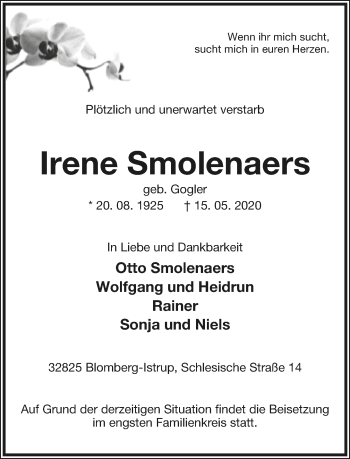 Anzeige  Irene Smolenaers  Lippische Landes-Zeitung