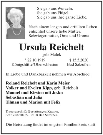 Anzeige  Ursula Reichelt  Lippische Landes-Zeitung
