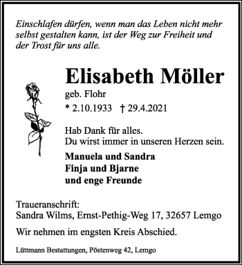 Anzeige  Elisabeth Möller  Lippische Landes-Zeitung