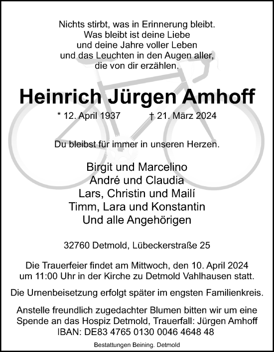 Anzeige  Heinrich Jürgen Amhoff  Lippische Landes-Zeitung