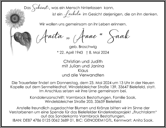 Anzeige  Anita Saak  Lippische Landes-Zeitung