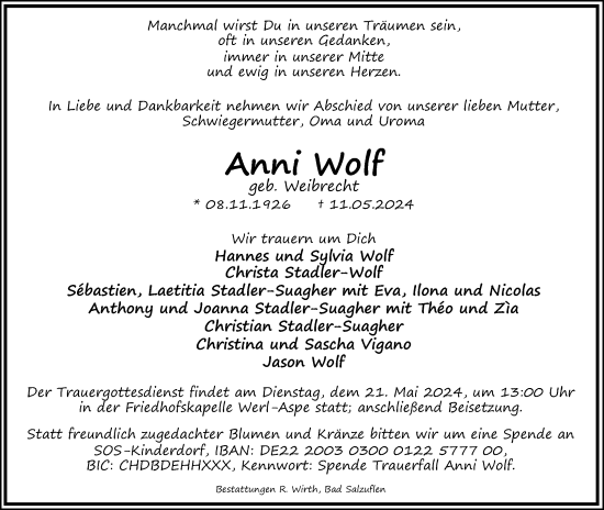 Anzeige  Anni Wolf  Lippische Landes-Zeitung