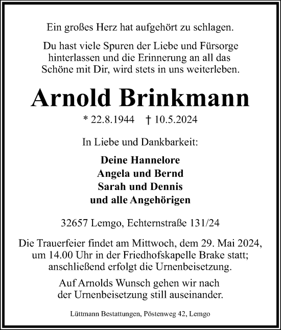Anzeige  Arnold Brinkmann  Lippische Landes-Zeitung