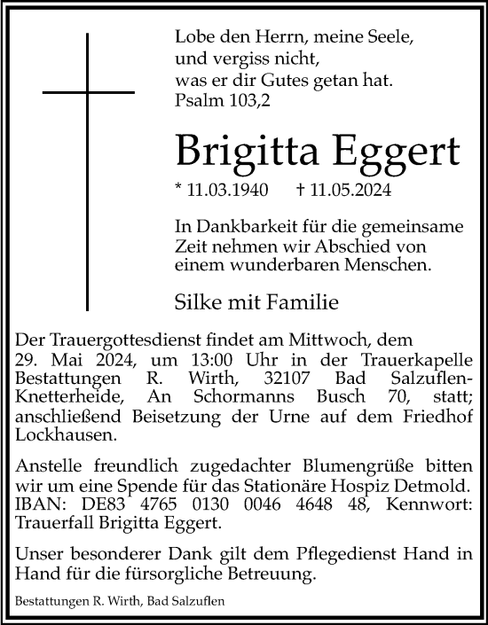 Anzeige  Brigitta Eggert  Lippische Landes-Zeitung