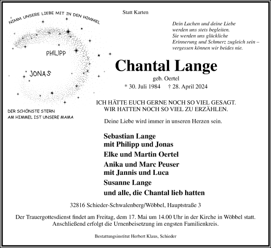 Anzeige  Chantal Lange  Lippische Landes-Zeitung