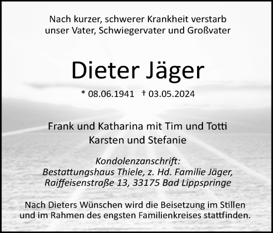 Anzeige  Dieter Jäger  Lippische Landes-Zeitung