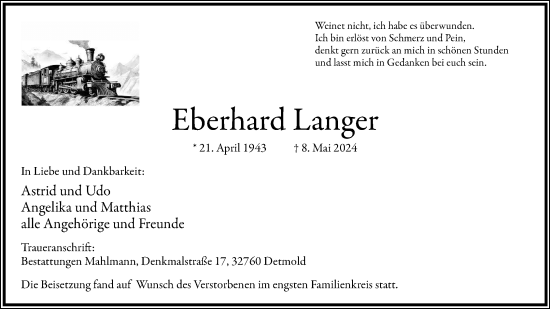 Anzeige  Eberhard Langer  Lippische Landes-Zeitung