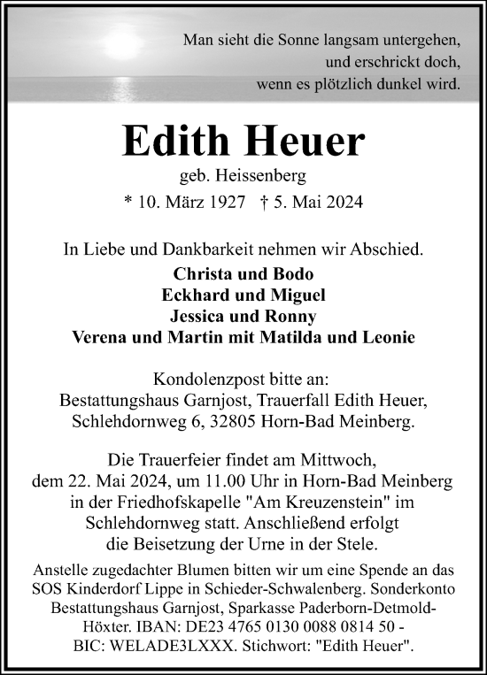 Anzeige  Edith Heuer  Lippische Landes-Zeitung